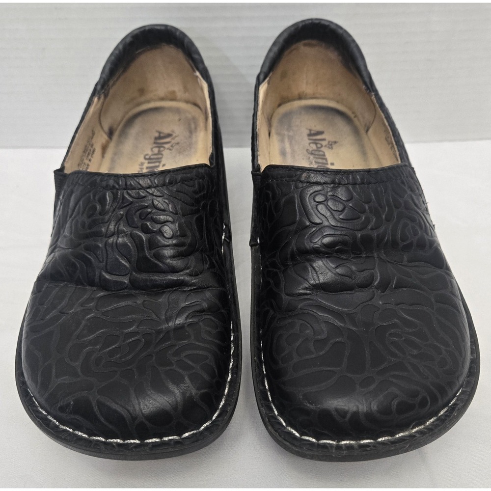 Alegria Debra Comfort Shoes EU Size 37 Black Leather Embossed Floral Slip On GUC